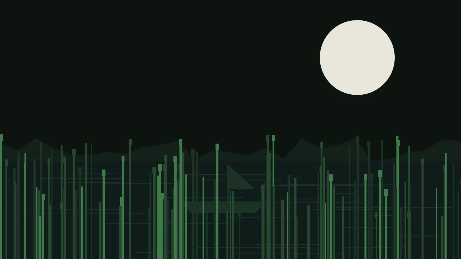 A boat drifting through reeds under a full moon